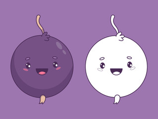 Kawaii Blackcurrant Set. Colored and Outline Sweet Berry Cartoon Character for Coloring and Design. Isolated Vector illustration. Kids collection. Not AI