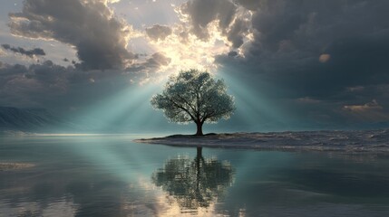 Tree standing on an island in the middle of a lake with light rays from cloudy sky. Concept of hope, nature and connection.