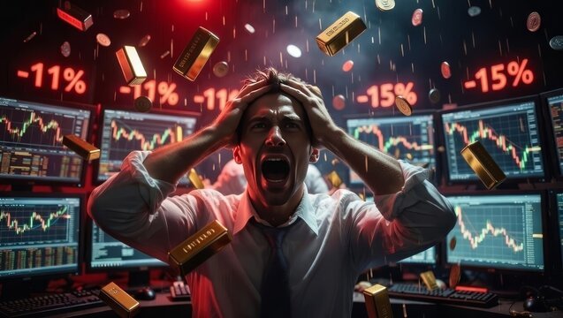 Stressed businessman reacting to falling stock market and gold prices crash