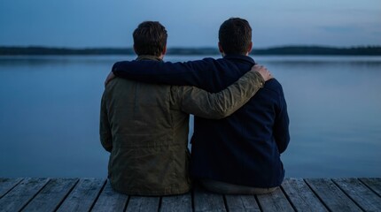 Two people sitting on a dock embracing while overlooking a calm lake at dusk