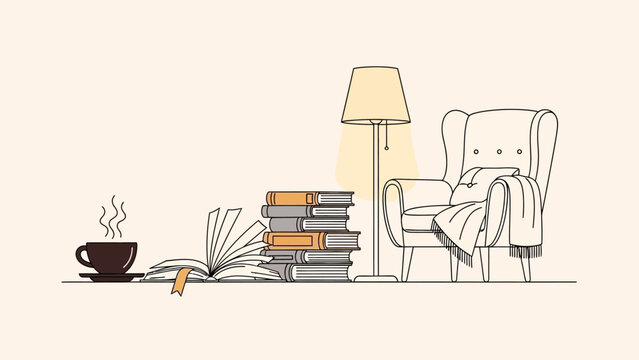 Cozy reading nook with a book, coffee, and armchair.