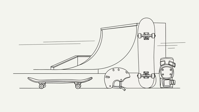 Skateboarding equipment and ramp in minimalist line art style.