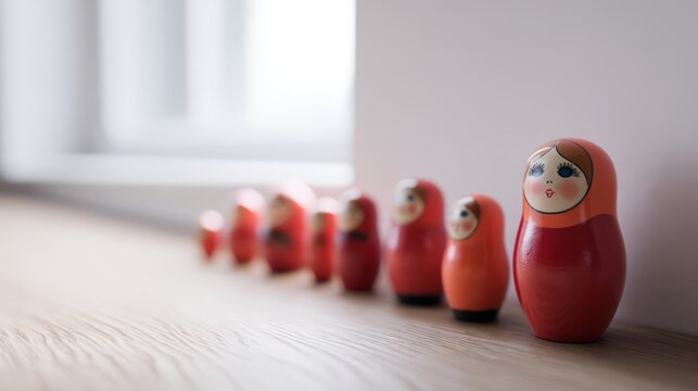 matryoshka. Matryoshka dolls nested together on a wooden surface in soft light. event programs, museum guides, designed for cultural heritage projects and event programs, supports education.
