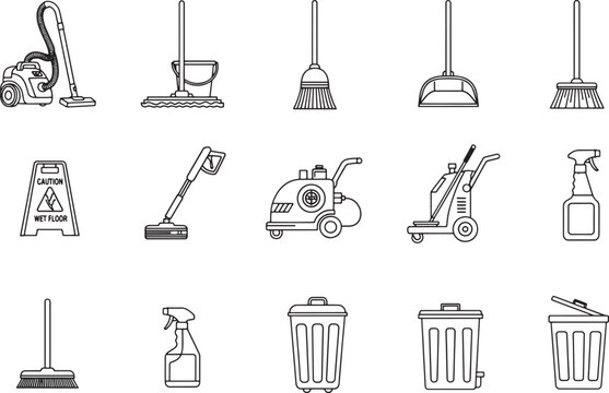 Essential cleaning tools, presented in a minimalist, eye-catching design, are showcased in a top-down view, ready for various cleaning tasks.