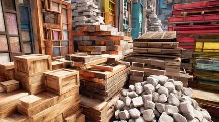 Obraz premium Stacked wooden boxes, planks, and stone piles. Building materials concept. Disorganized construction site or storage area.