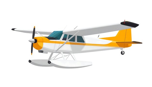 Illustration of a white and yellow single-engine seaplane with a propeller, floats, windows, and wings