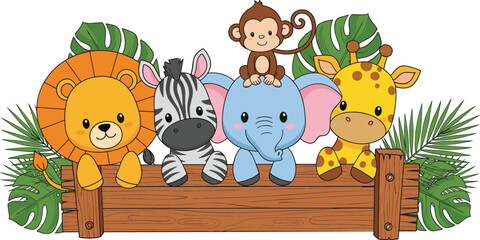 Cute jungle safari animals vector illustration featuring baby lion, zebra, elephant, monkey, and giraffe sitting behind a wooden sign with tropical monstera leaves for kids nursery decor. © MstRozinaAkter