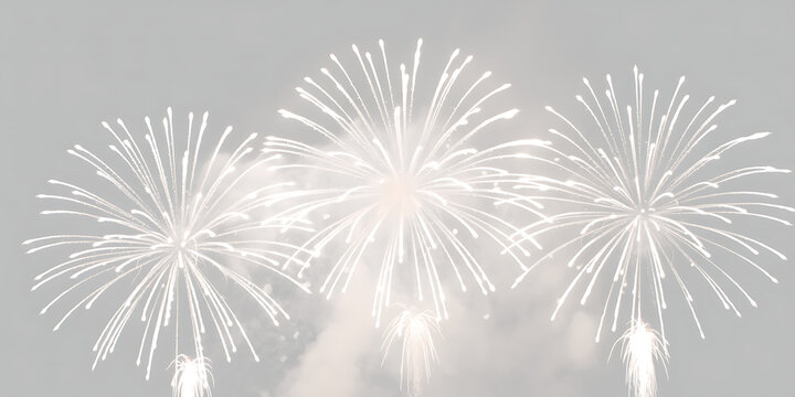 Desaturated Triple White Fireworks Display against Misty Morning Sky, Soft Celebration Concept