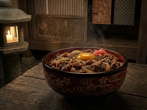 Authentic Gyudon in Vintage Lacquer Bowl with Lantern Background