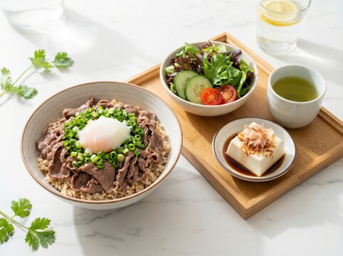 Healthy Gyudon Set with Poached Egg, Salad, and Tofu on White Marble