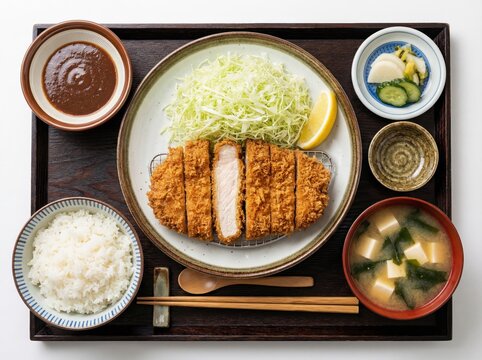 Traditional Tonkatsu Set Meal with Rice Miso Soup and Cabbage
