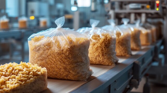 Bags of pasta moving along a conveyor belt in a food processing factory. Industrial production and packaging of macaroni products for retail.