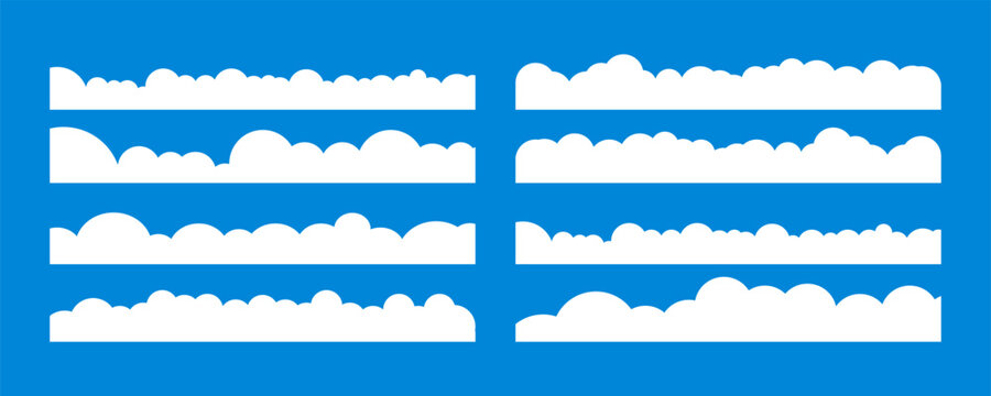 Cloud border. Simple cloudy shapes divider. Flat long section with white puffy cumulus clouds in blue sky. Abstract weather elements banner. Vector cloudscape background.