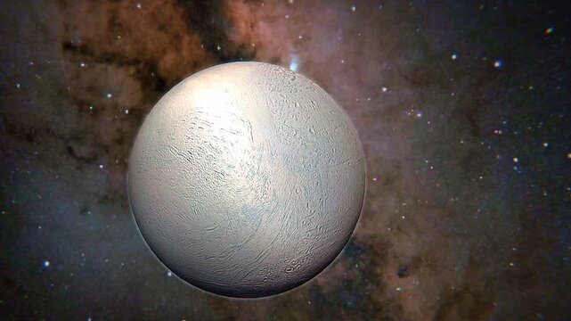 Enceladus, a moon of Saturn, has icy surface, geysers, and a subsurface ocean, suggesting habitability.