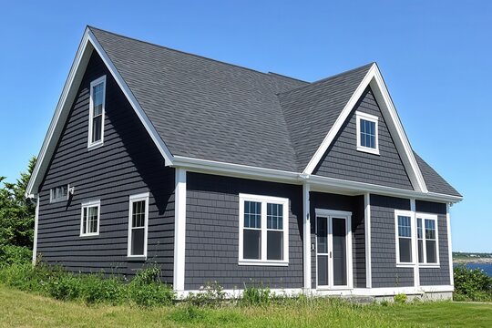 A modern gray house with white trim, showcasing the gable roofline and window frames. The color of the shingles is dark gray with white details on the windows and doors A clear sky in the background