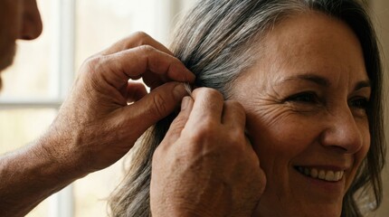 Hands placing an earring on a smiling older woman