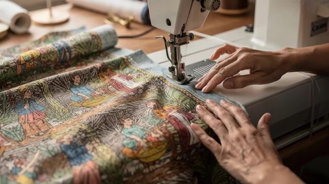 Focused medium shot capturing the sewing of printed scene shower curtains with detailed fabric patterns emphasizing artistic textile design and craftsmanship.