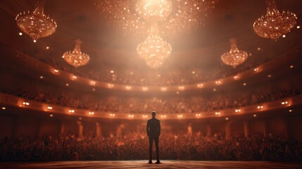 Naklejka premium Man speaker standing on stage in front of a large audience, facing a filled opera house or theater. Public speaking and performance concept.