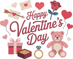Happy Valentine&rsquo;s Day cute text design with cartoon icon set