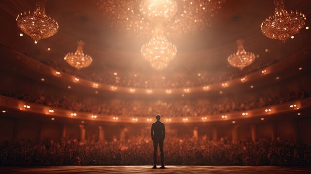 Man speaker standing on stage in front of a large audience, facing a filled opera house or theater. Public speaking and performance concept.