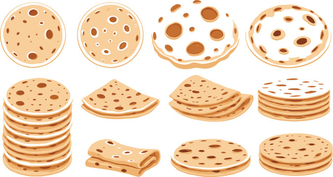 Set of tortillas flatbreads and wraps including stacked folded and sliced pieces vector illustrations isolated