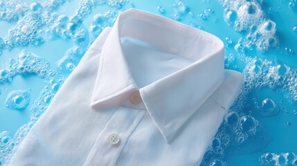 White laundry shirt in bubble soap water. Fresh clothes for cleanliness and hygiene. Detergent washing concept.