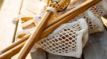 lacrosse. A close-up of two crossed lacrosse sticks with net bags in soft morning light. event key visuals, club posters, designed for fitness apps and gym onboarding, used by sports marketers.
