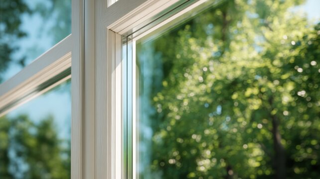 Close up of a modern window frame with sun shining through. Fresh air and nature outside with green trees. Concept for home insulation and bright living space.