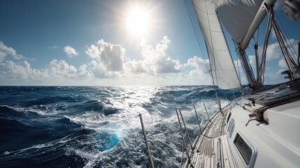 Sailboat cruising through high waves on a sunny day. Adventure travel, freedom, and exploration on ocean journey concept.