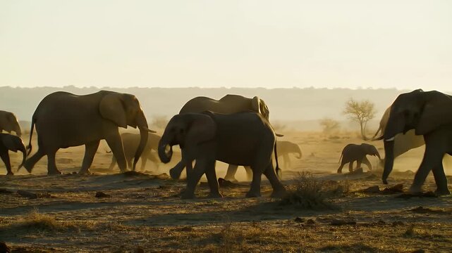 Walking Elephant Family Across Dry Savannah Landscape