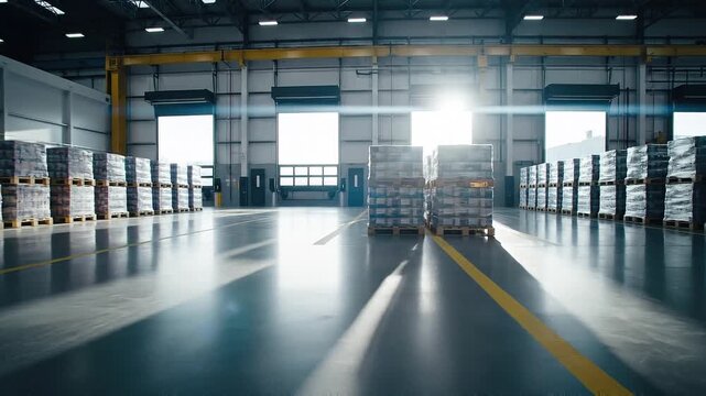 Interior view of a massive industrial warehouse facility showcasing neatly stacked pallets of goods awaiting shipment near brightly lit loading docks with strong lens flare effects.