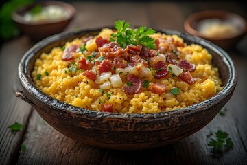 bowl of cassava flour farofa with bacon bits tand onions in it and topped with parsley