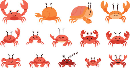 Cute cartoon crab character set with funny expressions and poses marine animal vector illustrations isolated © Md