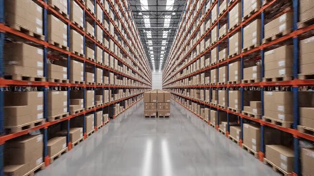 Vast industrial warehouse interior view showcases towering metal shelving units filled with numerous identical brown cardboard storage boxes extending towards the bright distant ceiling lights.