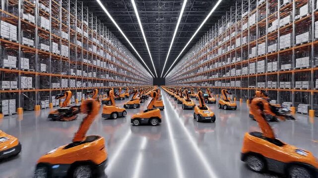 Automated guided vehicles and autonomous mobile robots orchestrate complex logistics operations inside a massive highly organized modern warehouse facility environment.