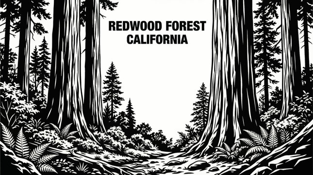 giant redwood forest landscapes with towering trees and lush woodland vegetation black and white vector illustration