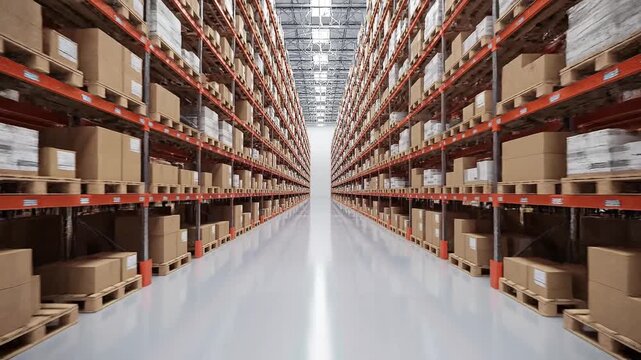 Vast industrial warehouse interior view showcases towering metal shelving units filled with numerous identical brown cardboard storage boxes extending towards the bright distant ceiling lights.