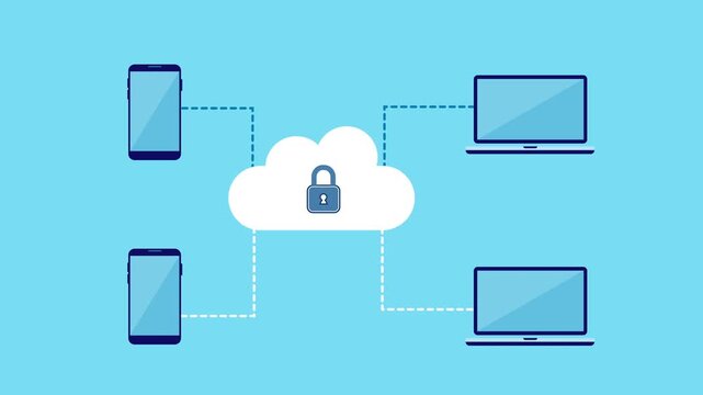 Flat vector illustration of a secure cloud with a lock icon connected to smartphones and laptops, representing protected cloud data network and multi device connectivity on a light blue background.
