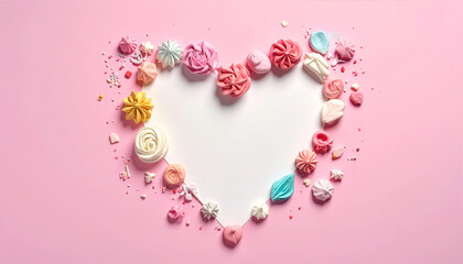 Obraz premium White paper heart surrounded by various meringue shapes on a clean pink background. Minimalist greeting card with balanced composition and copy space for text.