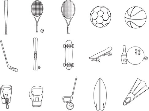 Collection of iconic sports equipment, each intricately drawn in a line art illustration style. Representing the diversity of physical activities and recreational pursuits. 