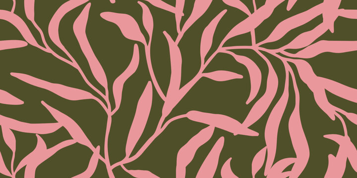 Stylized Pink Foliage on Olive Green