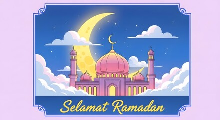 Ramadan food and fasting illustration with mosque under crescent moon