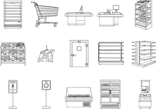A meticulously curated line drawing of various store fixtures, a perfect resource for architecture, design, and retail projects.