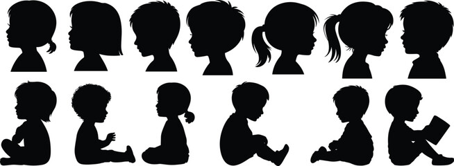 Children silhouettes collection showing kids profile heads and sitting poses, boys and girls of different ages, childhood development concept isolated on white background © Itz Jisan
