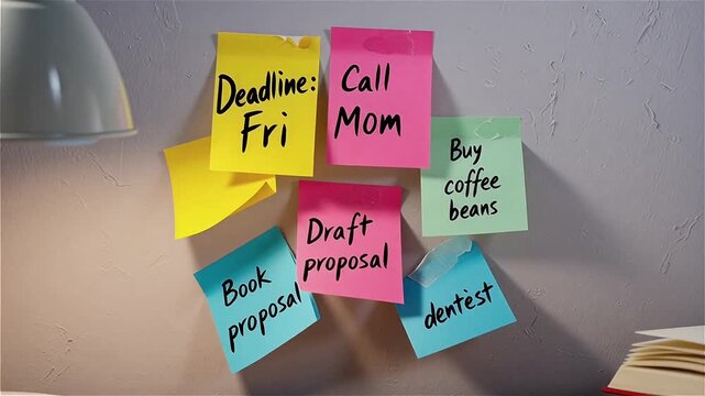Close-up of colorful sticky notes arranged on a wall with shallow focus, representing productivity, planning, and creative workflow. Created with generative AI.