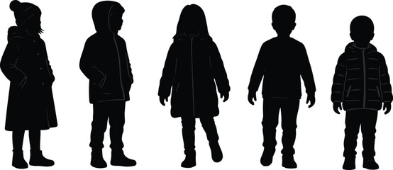Silhouettes of children in winter clothing, kids standing together, cold season fashion concept, black vector illustration isolated © Sree