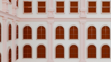 Elegant classical building facade with arched windows and decorative columns. Minimal pastel architecture background, symmetrical exterior wall design, suitable for real estate, heritage and urban con