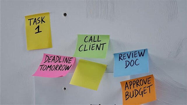 Close-up of colorful sticky notes arranged on a wall with shallow focus, representing productivity, planning, and creative workflow. Created with generative AI.