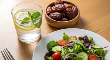 Ramadan food and drink healthy iftar meal with dates and salad