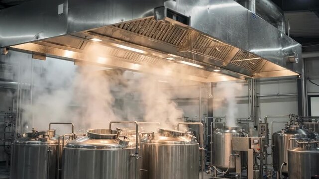 Medium shot capturing ceilingmounted exhaust hoods in a brewery efficiently channeling steam and heat away from fermentation tanks and brewing stations.